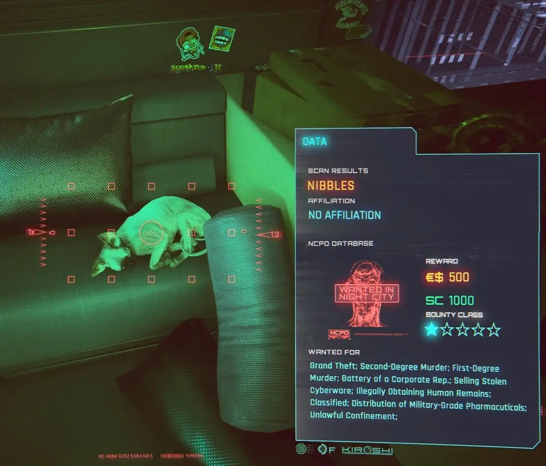 A screenshot from the video game Night City, showing a hairless cat sleeping on a couch under a green-tinted scanner…