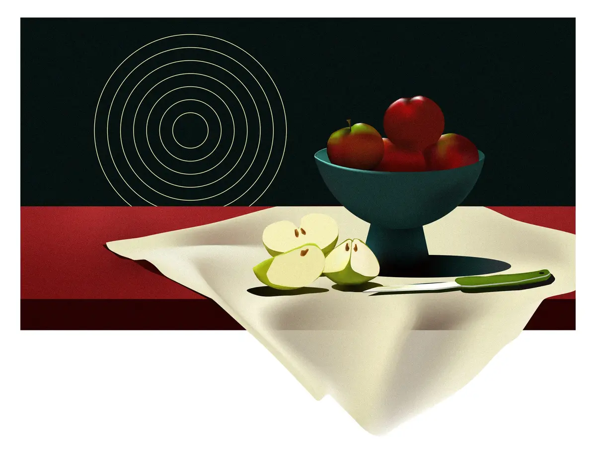A still life image shows a bowl of red apples on a dark background with concentric circles, next to sliced green apples and…