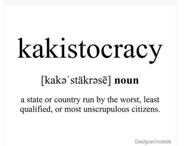 The image displays a dictionary-style definition for the word 'kakistocracy', presented in a clean, black serif font on a…