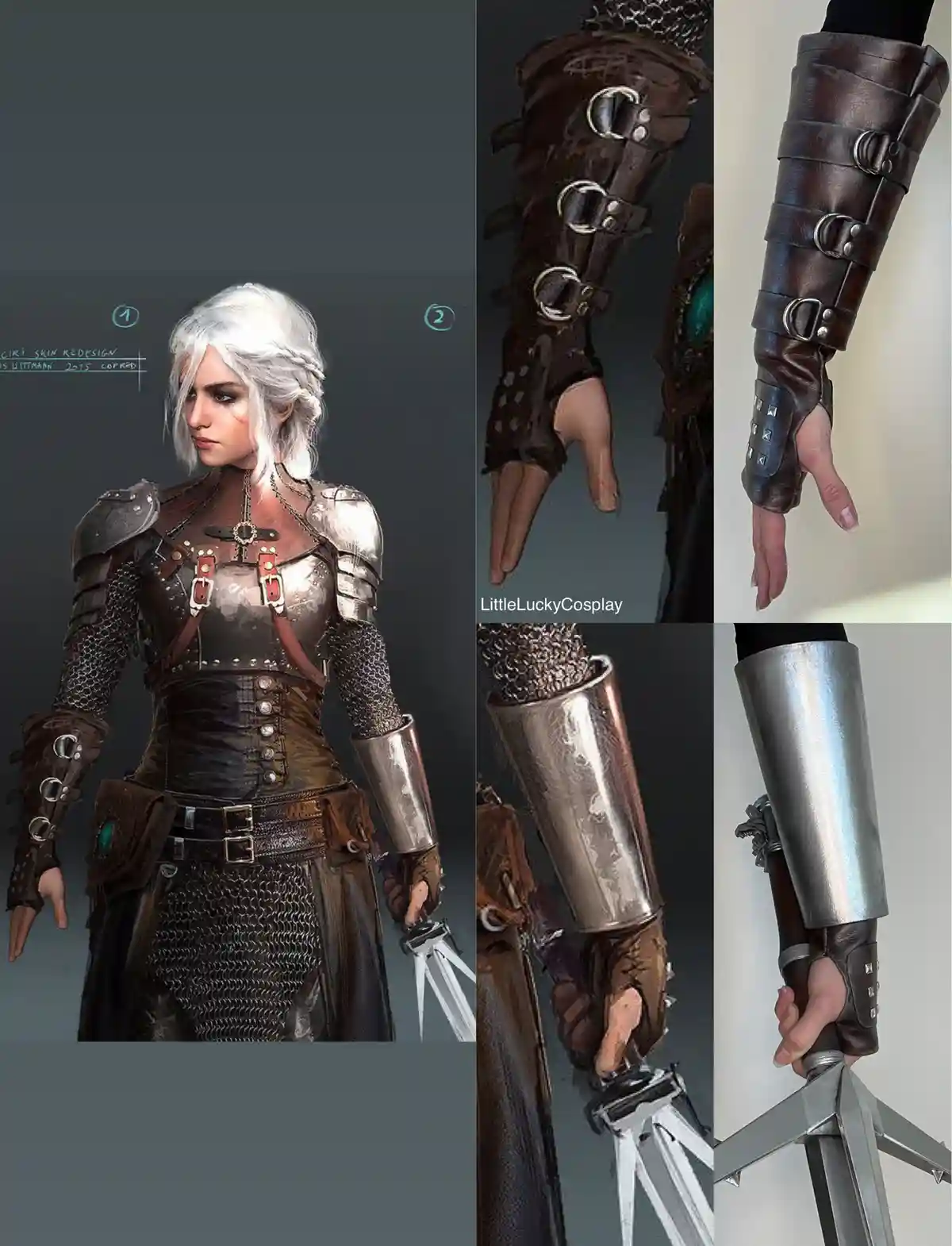 This image collage compares a digital concept art of Ciri from The Witcher 3, showing her wearing brown leather bracers with…