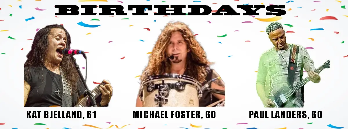 The image displays three musicians against a white background with colorful confetti. From left to right: Kat Bjelland…