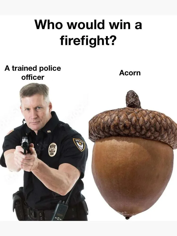 The image displays a posed photo of a police officer aiming a handgun at the viewer, positioned next to a large, detailed…
