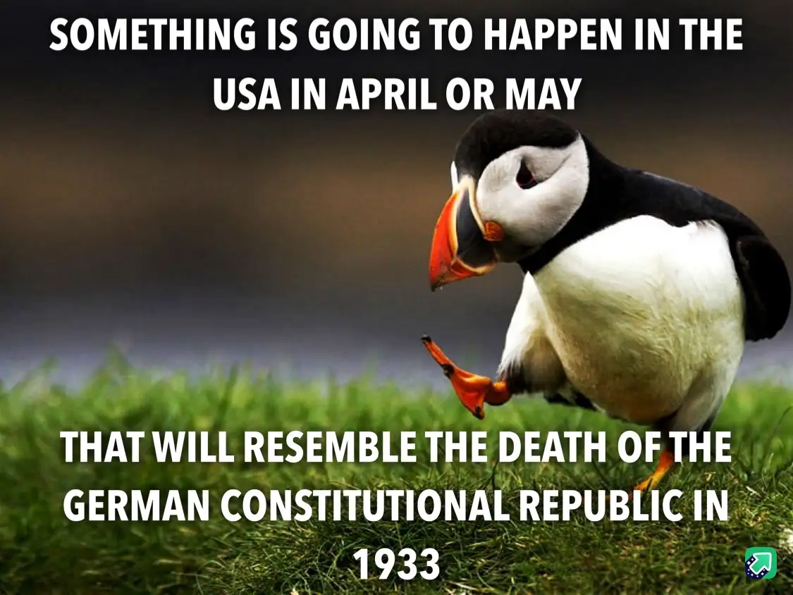 A photograph of a puffin standing on grass, looking down with a slightly concerned or ominous expression. White bold text is…