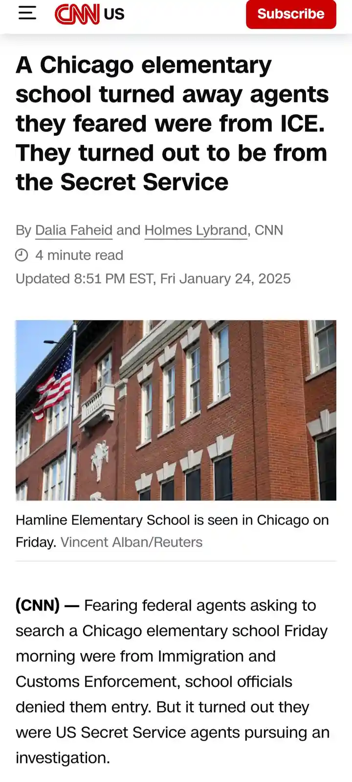 A screenshot of a CNN news article about Hamline Elementary School in Chicago, showing a brick school building with an…