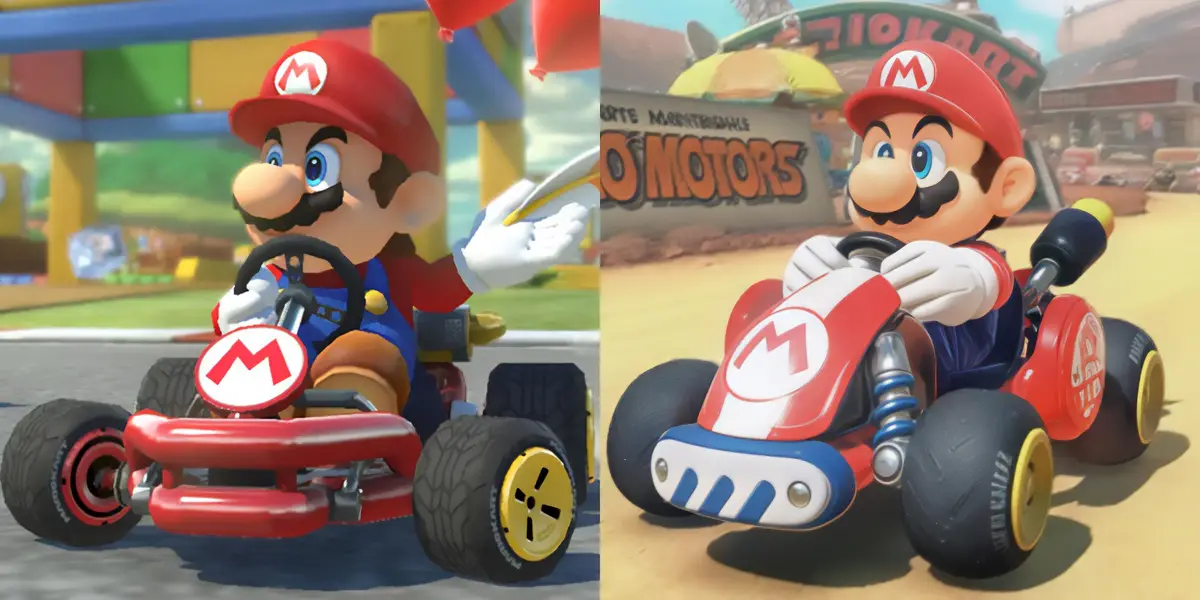 The image shows two side-by-side screenshots of Mario from the game Mario Kart, each driving a different kart. On the left…