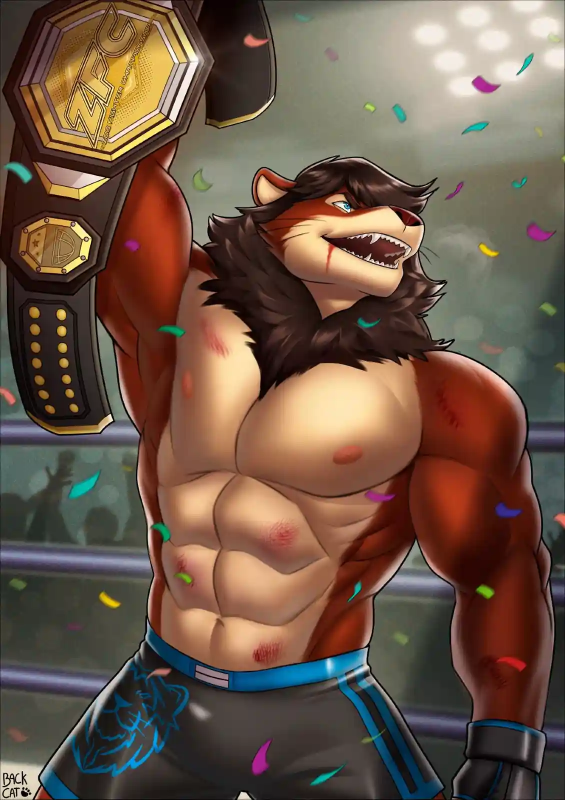 A muscular anthropomorphic tiger with a bloody mouth and numerous bruises and scratches on his torso triumphantly holds up a…