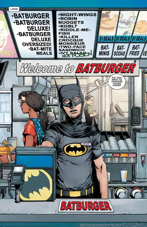 A comic panel shows Batman working as a cashier at a fast-food restaurant called 'Batburger', wearing a name tag that says…