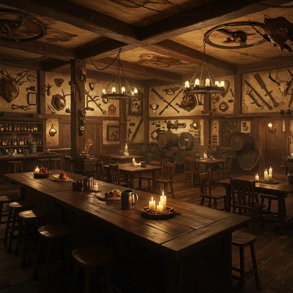 A dimly lit, rustic medieval tavern with wooden tables, barrels, and mounted animal heads on the walls, illuminated by…