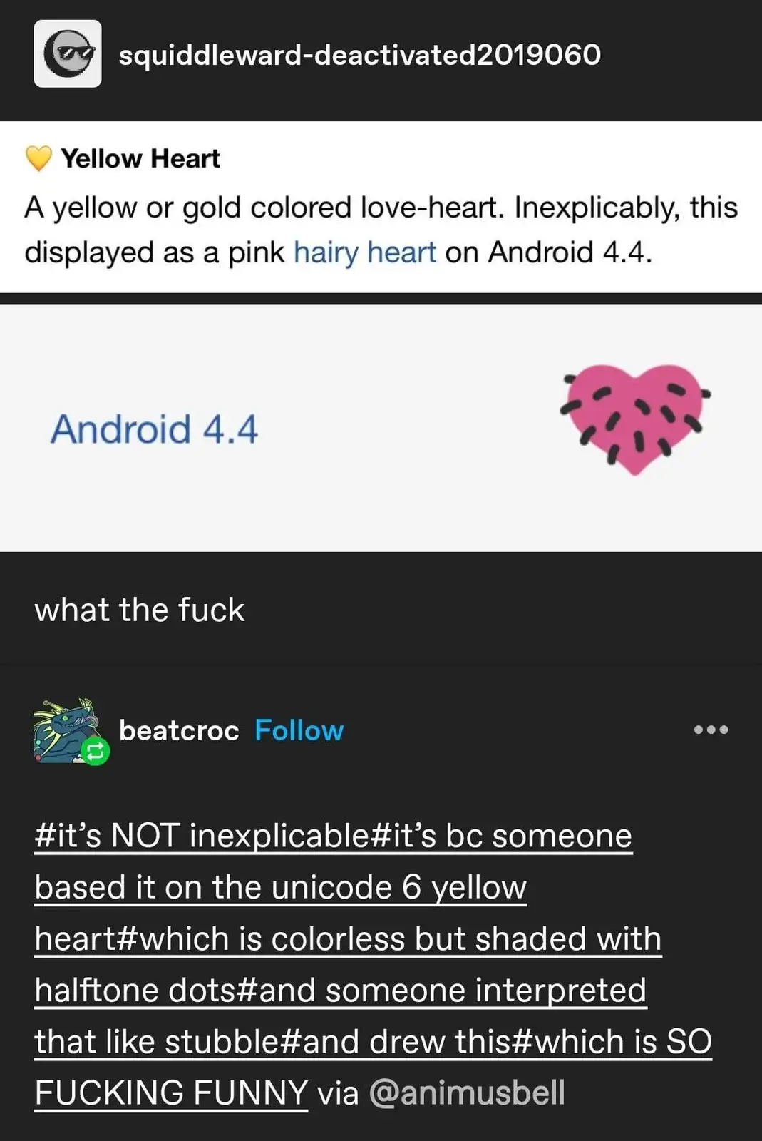 A screenshot of a social media post showing a yellow heart emoji rendered as a pink hairy heart on Android 4.4, with a…