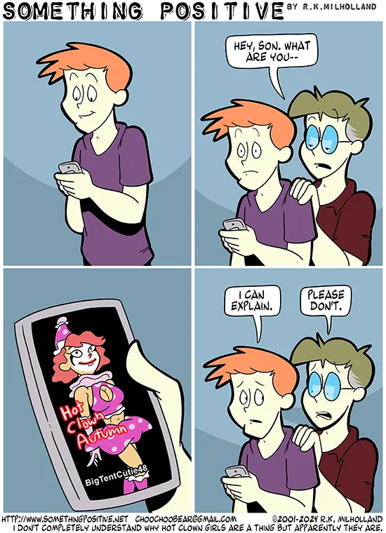 A four-panel comic strip shows a person looking at their phone, then being confronted by a friend. The friend asks what…