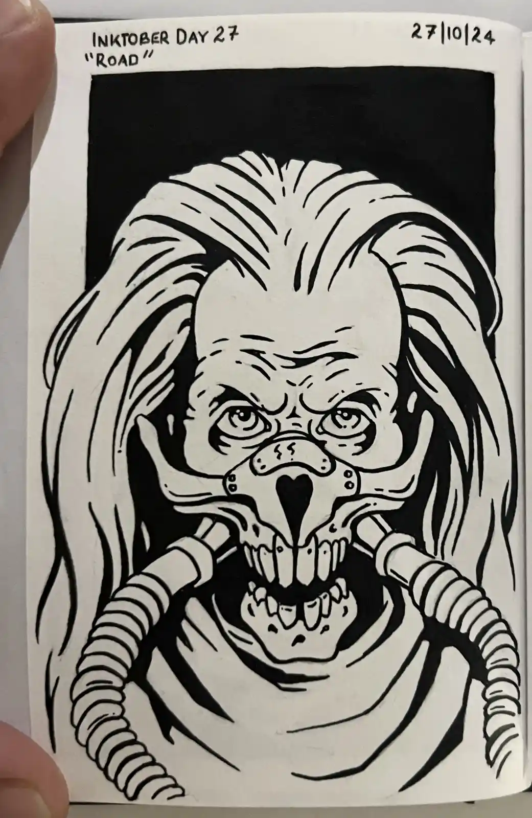 A black-and-white ink drawing depicts a grotesque, skeletal-faced figure with long hair, holding two coiled tubes in its…