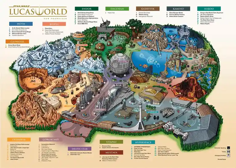 A colorful, illustrated map of a fictional 'Star Wars Lucas World' theme park in San Francisco, depicting various planets…