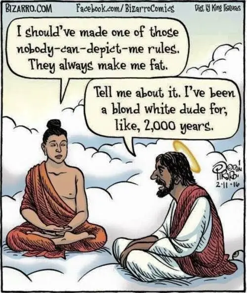 Two cartoon figures sit on clouds in a comic panel. The figure on the left, resembling a Buddha in orange robes, says, 'I…