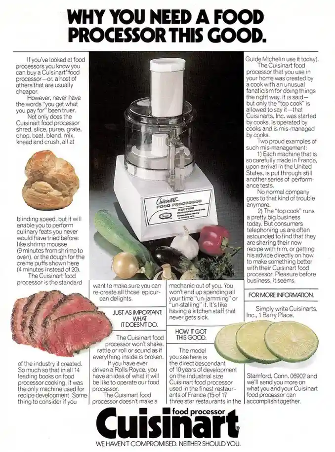 An old Cuisinart food processor advertisement featuring a white appliance surrounded by vegetables and food items like…