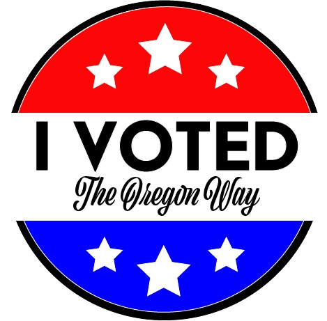 A circular 'I VOTED' sticker with a red top half and blue bottom half, each containing three white stars. The text 'I VOTED'…