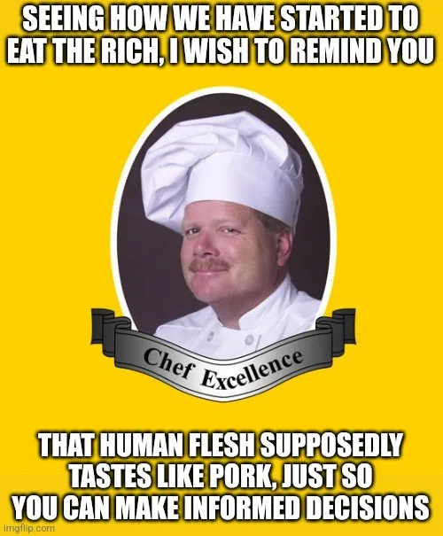 A bright yellow background features a portrait of a smiling man in a chef's hat and uniform, framed in an oval. Below the…