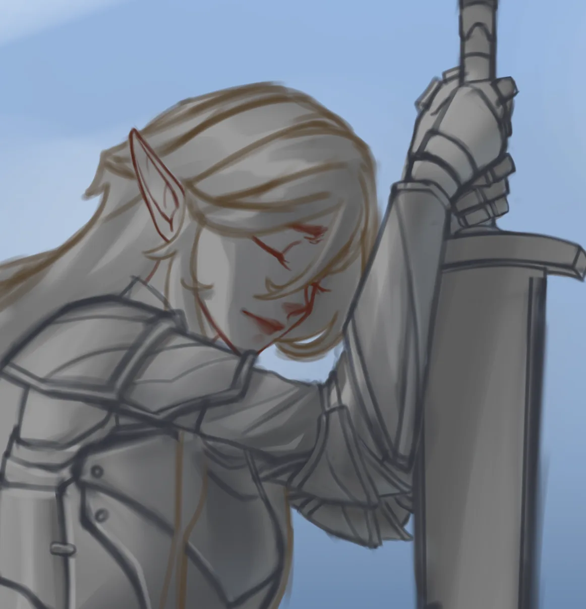 An anime-style illustration shows a character with pointed ears, long hair, and armor, holding a sword upright while leaning…