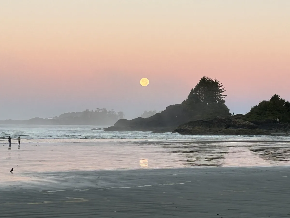 A serene beach scene at dusk or dawn with a large, glowing full moon in the sky, reflecting on the wet sand. Two people…