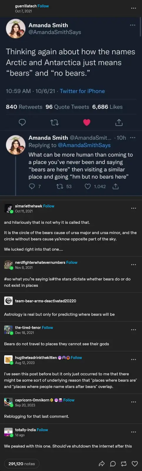 A screenshot of a Twitter thread where Amanda Smith initially comments that the names Arctic and Antarctica mean 'bears' and…