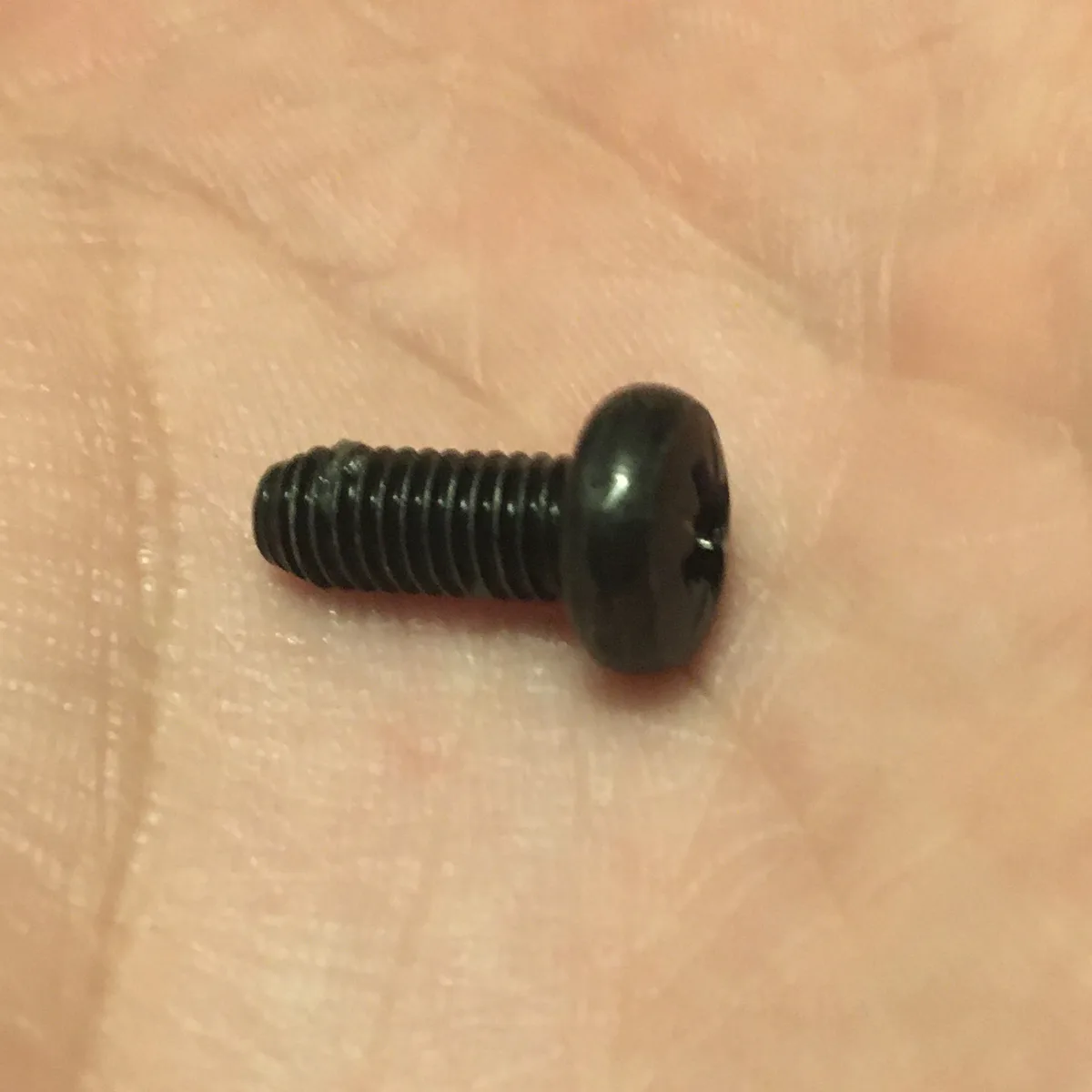 A close-up photo shows a small black Phillips-head screw resting on a person's palm, with visible skin texture and lines in…