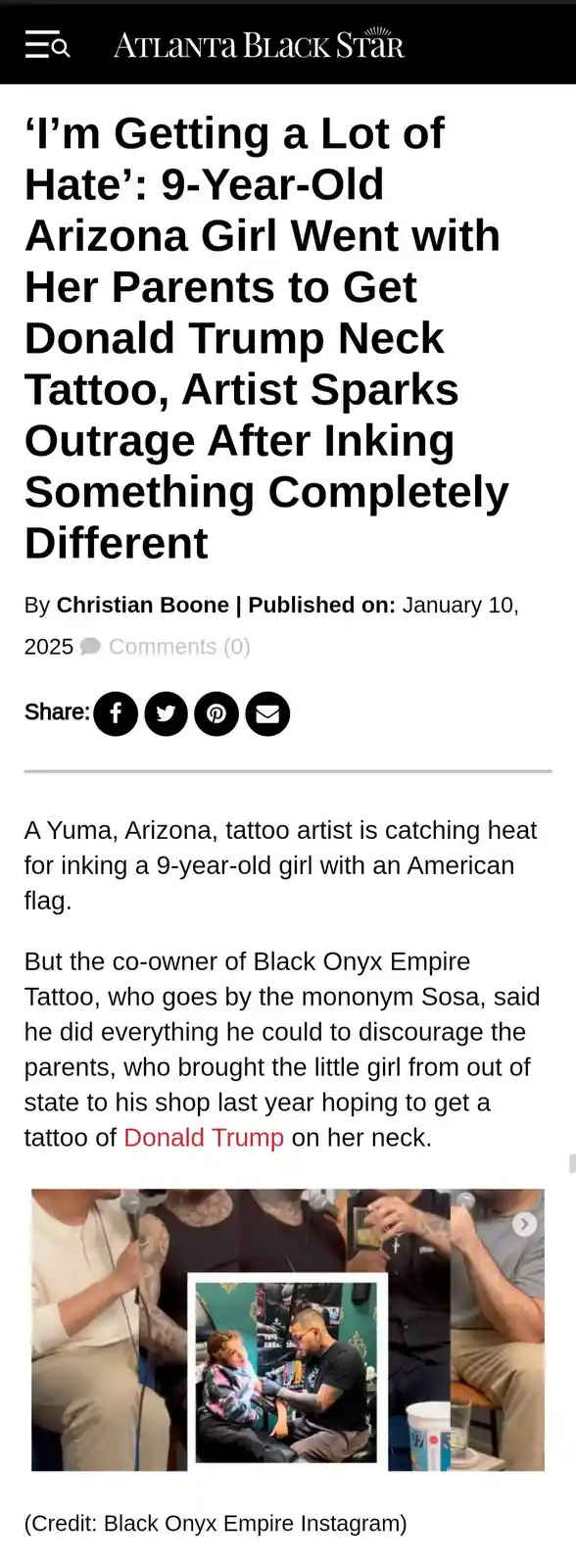 A screenshot of an article from 'Atlanta Black Star' about a 9-year-old girl from Arizona who went with her parents to get a…