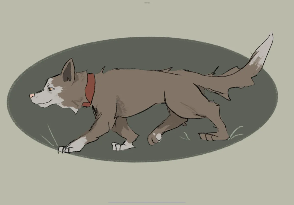 A digital illustration of a brown and white canine-like creature with pointed ears, a bushy tail, and a red collar, walking…