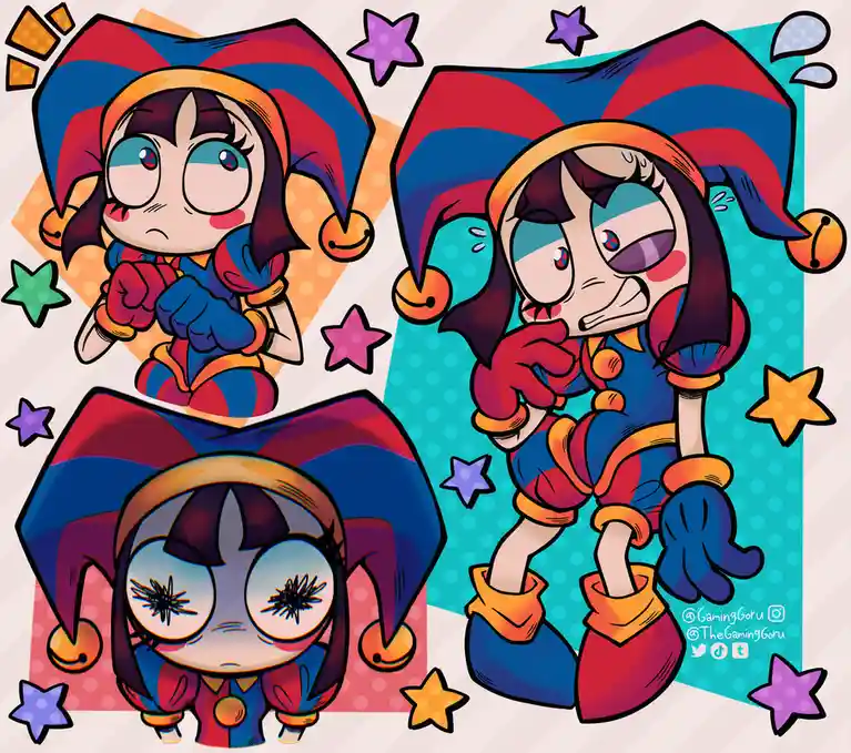 A chibi-style cartoon character dressed as a jester in a red-and-blue striped hat with bells, shown in three panels…