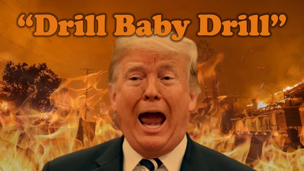 A digitally altered image shows Donald Trump with his mouth open, superimposed over a background of intense flames and…