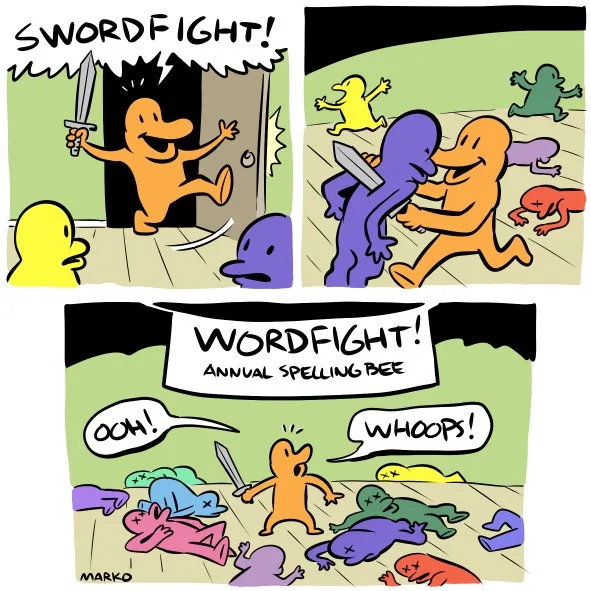 A three-panel comic strip by Marko shows an orange character bursting through a door yelling 'SWORDFIGHT!' and then…