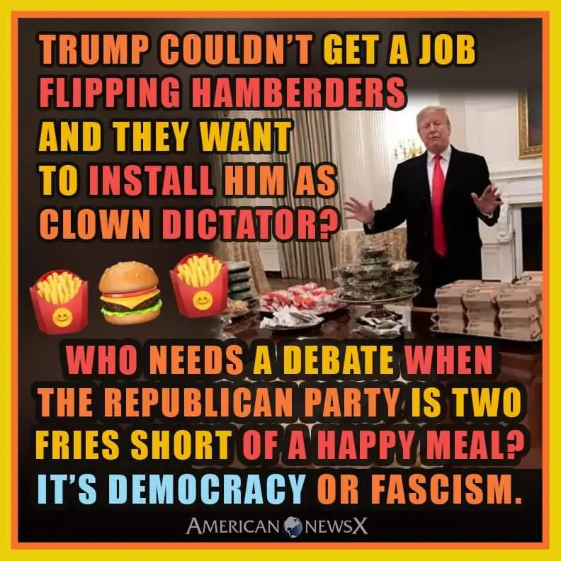 A photo of Donald Trump gesturing in an ornate room, overlaid with bold text mocking his political career and the Republican…