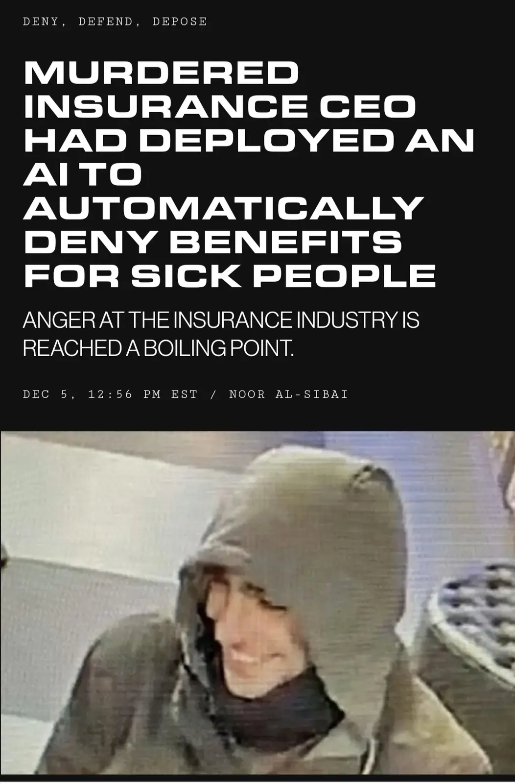 The image shows a grainy, low-resolution photo of a person in a hooded jacket, smiling faintly while looking down. Overlaid…