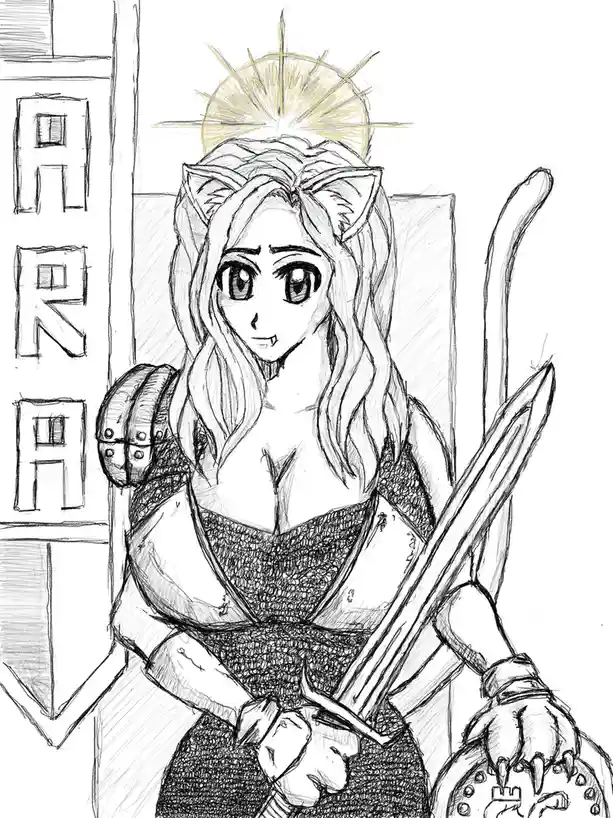 A black-and-white sketch depicts a female anime-style character with cat ears, a tail, and a halo, wearing armor and holding…