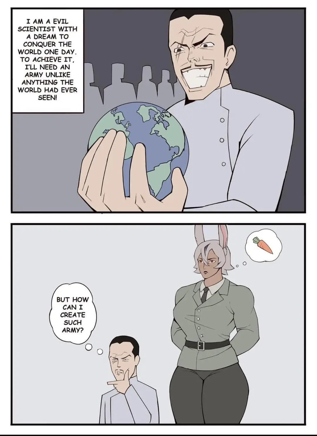 The top panel shows a man in a lab coat holding a globe and declaring his evil plan to conquer the world, needing an…