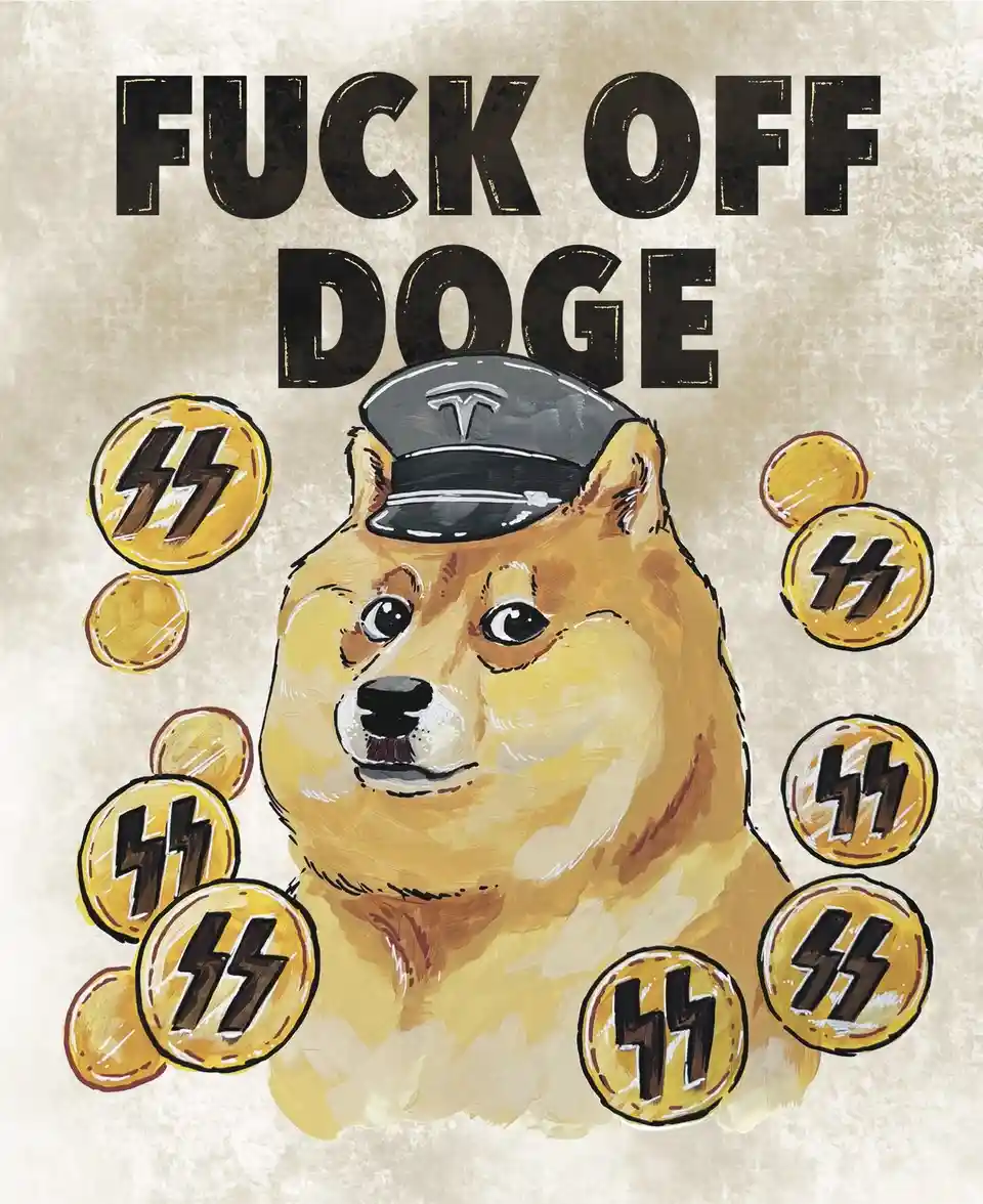 A painted illustration of a Shiba Inu dog wearing a black cap with a Tesla logo, surrounded by gold coins stamped with…