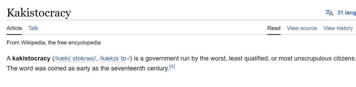 The image displays a screenshot of the Wikipedia article for 'Kakistocracy,' showing the definition: 'a government run by…