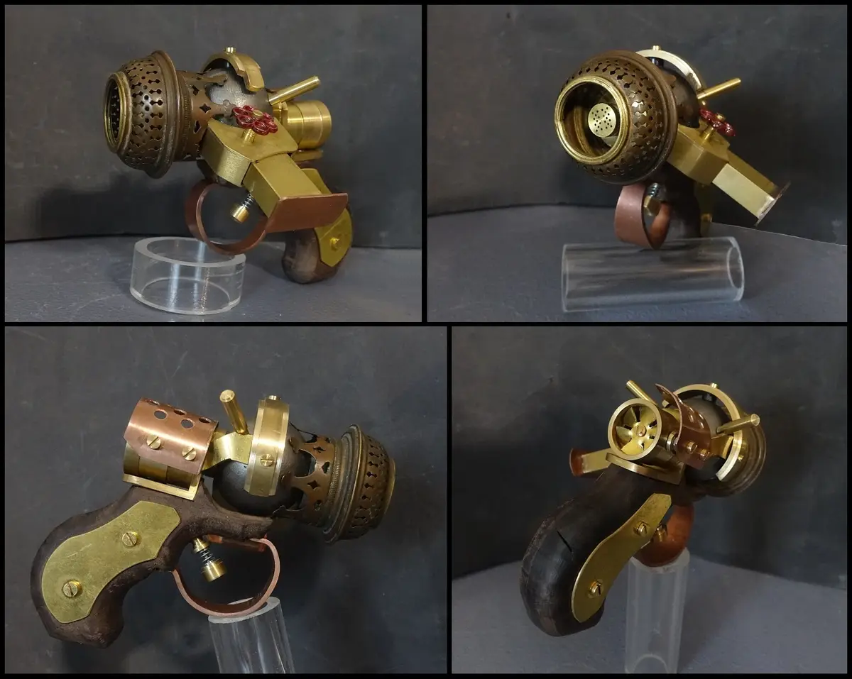 The image displays a steampunk-style pistol crafted from brass and copper, featuring intricate gears, a perforated barrel…