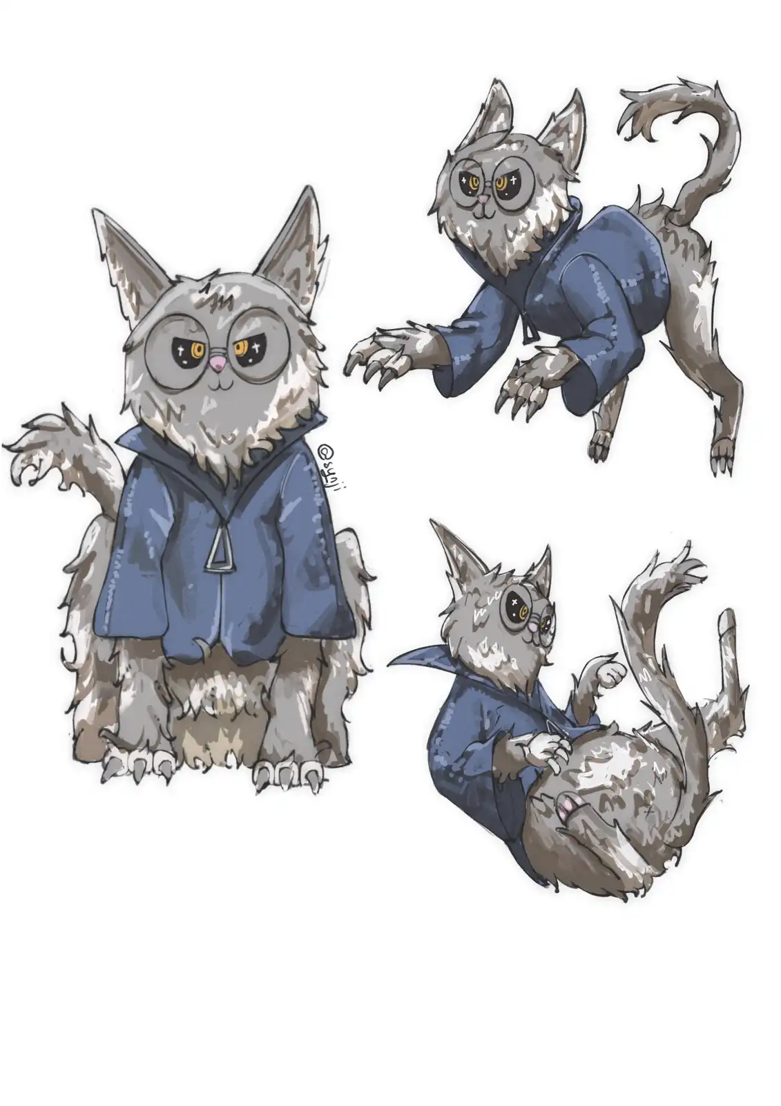 The image shows three illustrations of a fluffy, grey, cat-like creature with large round glasses and a blue robe, depicted…
