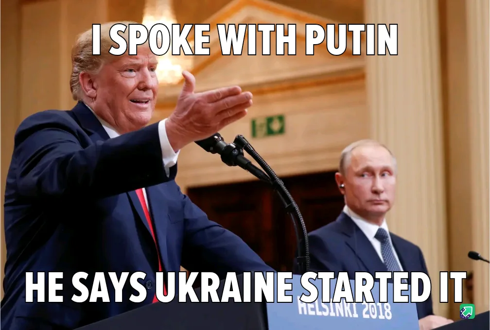 A photo shows Donald Trump gesturing while speaking at a podium, with Vladimir Putin standing behind him looking…