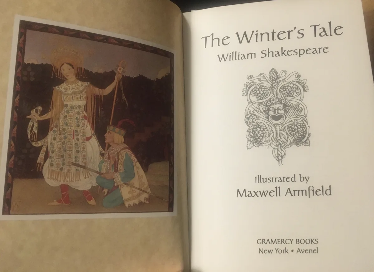 An open book displays a title page for 'The Winter's Tale' by William Shakespeare, illustrated by Maxwell Armfield…