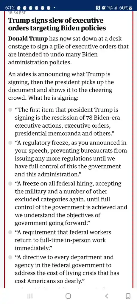 A screenshot of a news article headline and body text detailing Donald Trump signing executive orders to undo Biden…
