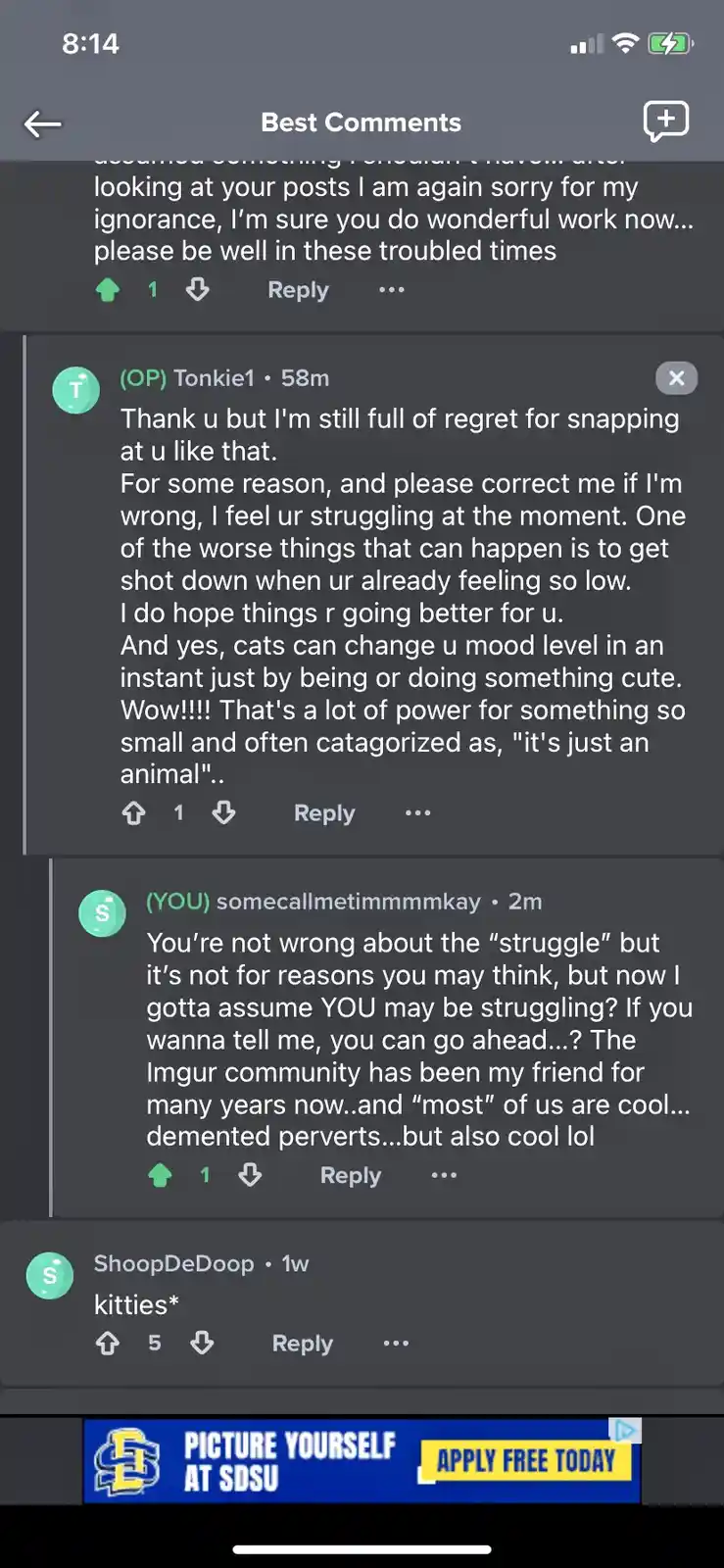A screenshot of an Imgur comment thread shows a user named 'somecallmetimmmmkay' replying to a post where the original…