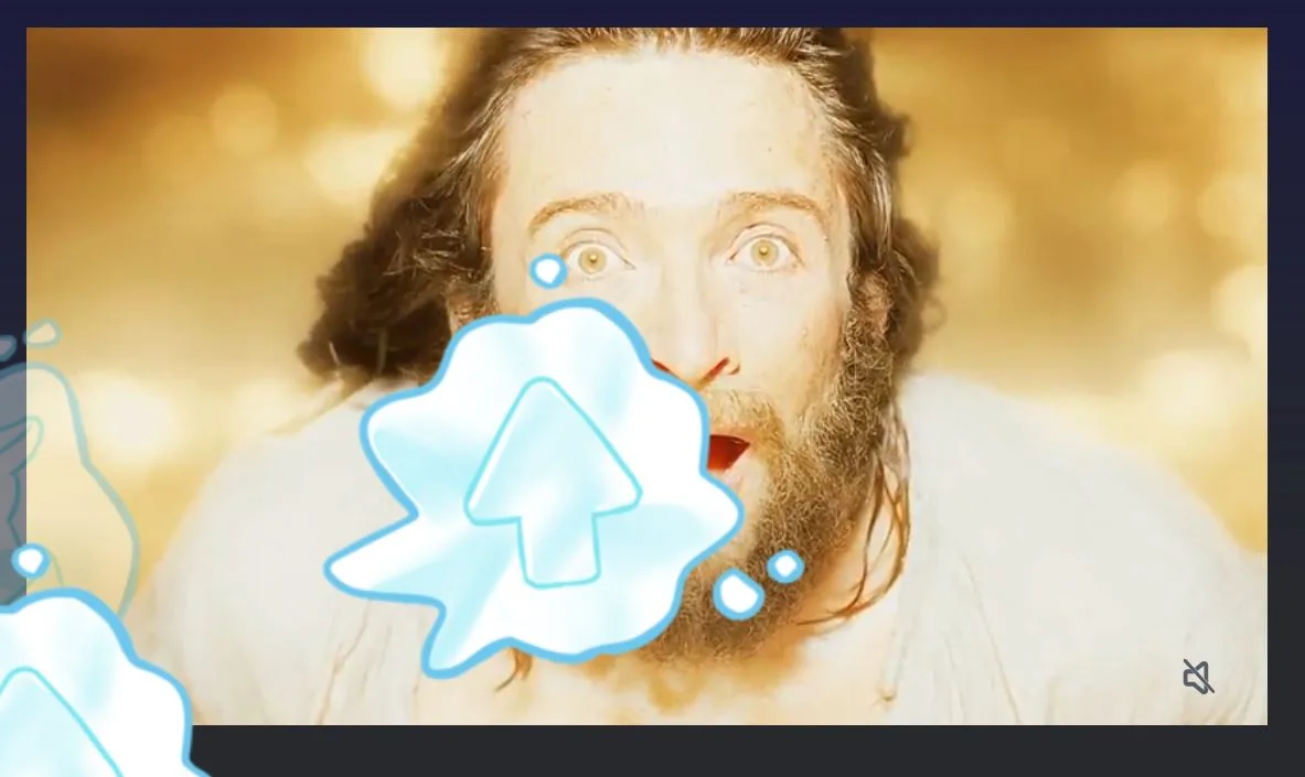 A man with long hair and a beard, resembling Jesus, stares in shock with his mouth open. A large, cartoonish blue…