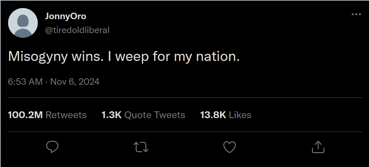 A screenshot of a tweet from user JonnyOro (@tiredoldliberal) with a black background and white text. The tweet reads…