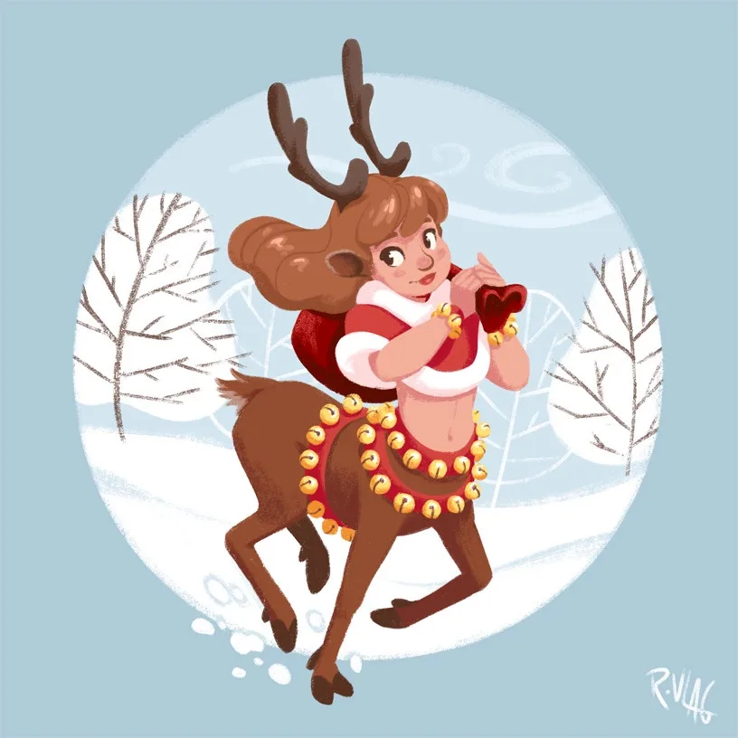 A cartoon illustration shows a human with brown hair and reindeer antlers, wearing a red and white Santa-style top with a…