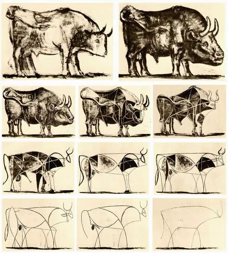 A grid of ten sketches shows a bull's depiction evolving from a realistic charcoal drawing to increasingly abstract…