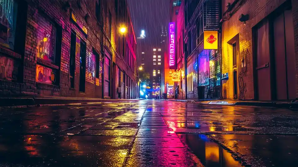 A vibrant, rain-slicked urban alleyway at night, with neon signs glowing in pink and yellow, reflecting on wet pavement…