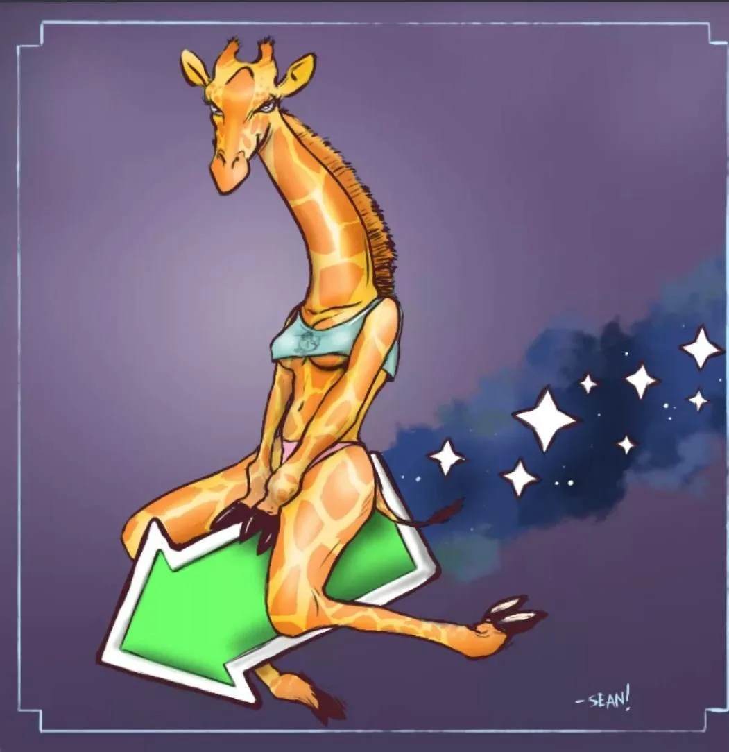 A cartoon giraffe wearing a blue top and pink bottoms is sitting on a large green arrow pointing left, with a trail of stars…