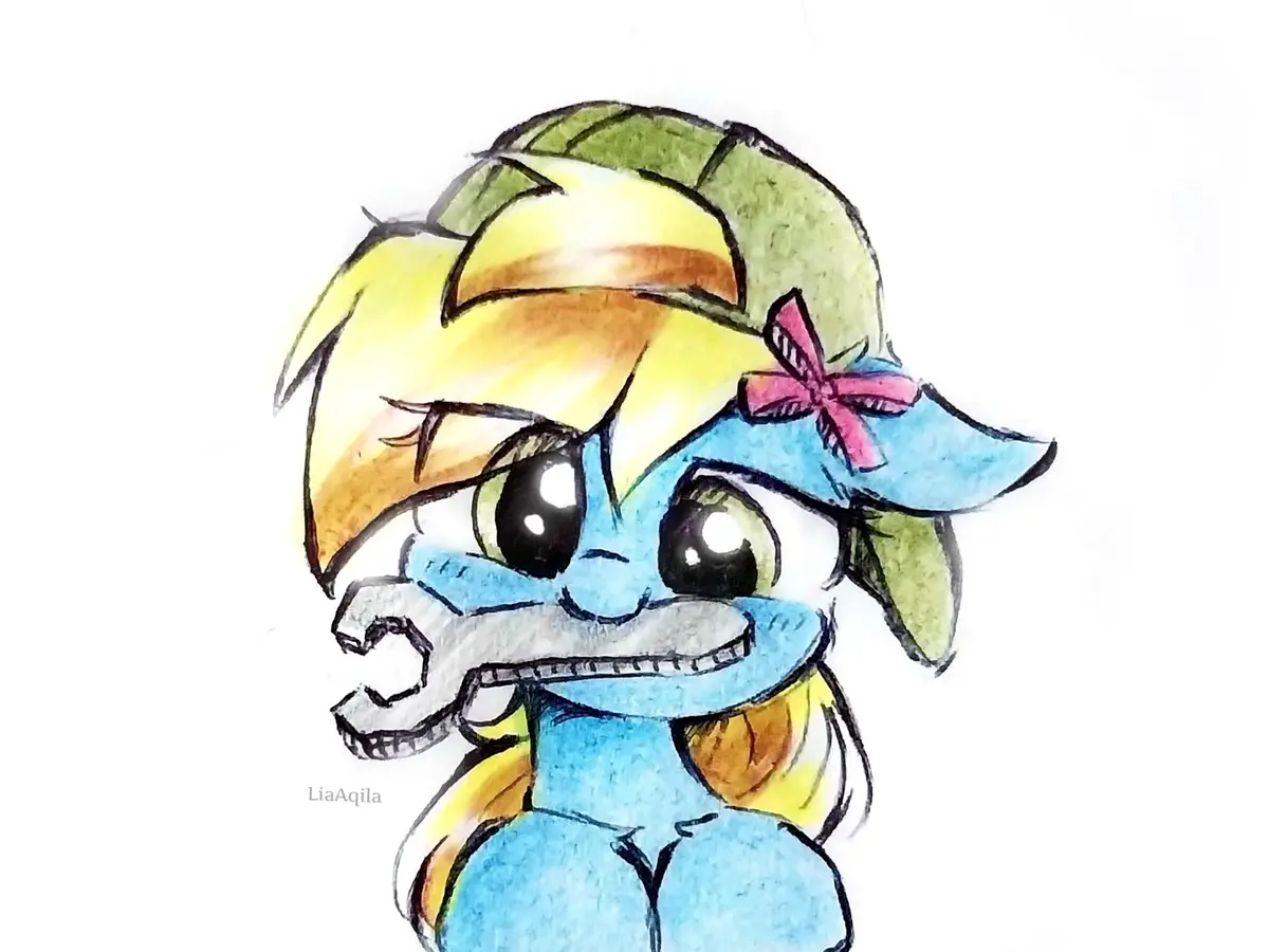 A watercolor drawing of a blue cartoon pony with blonde hair and a green hat, holding a wrench in its mouth. The pony has…