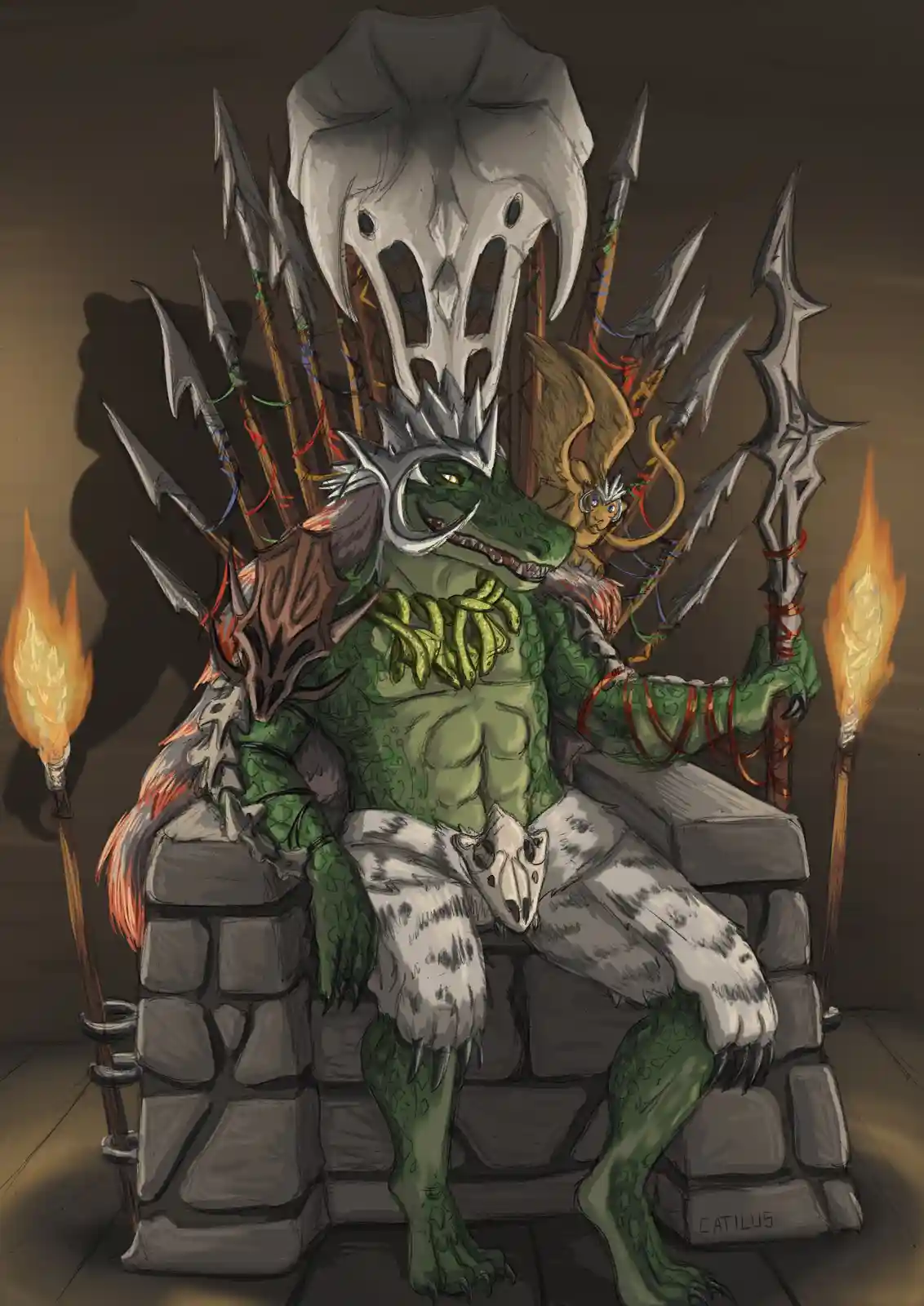 A green, muscular crocodile-like humanoid with a spiked crown and armor sits on a stone throne adorned with spears and a…