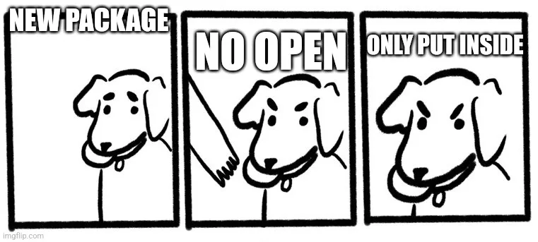 A three-panel comic strip featuring a simple stick-figure dog. In the first panel, the dog looks at the viewer with the text…